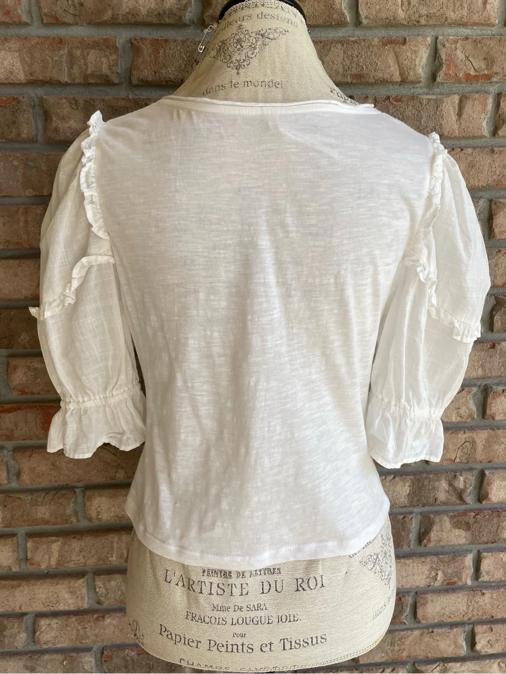 Anthropologie White Ruched V-Neck Puff Sleeve Top
